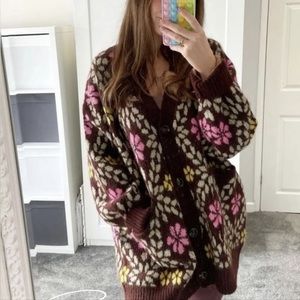 New Zara Jacquard Brown Floral Pink Knit Cardigan Small 9598/230 Bloggers Fav